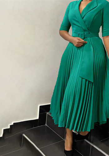 African Women Turndown Collar Lace-Up Pleated Dress