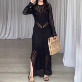 Women Fall Round Neck Knitting Hollow Maxi Dress