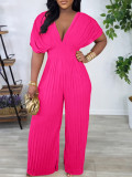 Women V-Neck Solid Sexy Pleated Jumpsuit