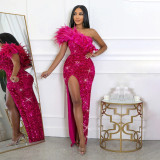 Women Summer Sexy Feather Slash Shoulder Formal Party Sequin Slit Maxi Dress