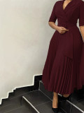 African Women Turndown Collar Lace-Up Pleated Dress