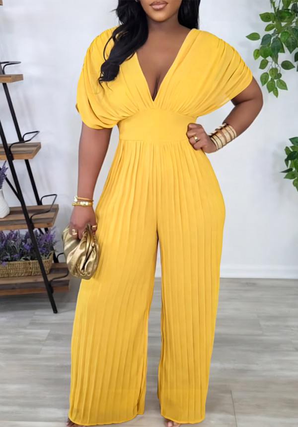 Women V-Neck Solid Sexy Pleated Jumpsuit