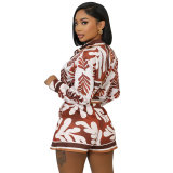 Women Casual Printed Long Sleeve Top and Shorts Two-piece Set