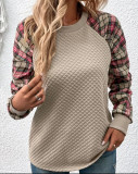 Women Diamond Check Patchwork Long Sleeve Round Neck Casual Top