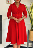 Plus Size Women Autumn Turndown Collar Solid Dress