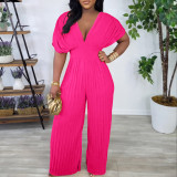 Women V-Neck Solid Sexy Pleated Jumpsuit