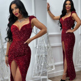 V-neck sequin slit sequin bodycon dress