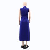 Women Turndown Collar Sleeveless Pocket Maxi Dress