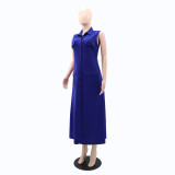 Women Turndown Collar Sleeveless Pocket Maxi Dress