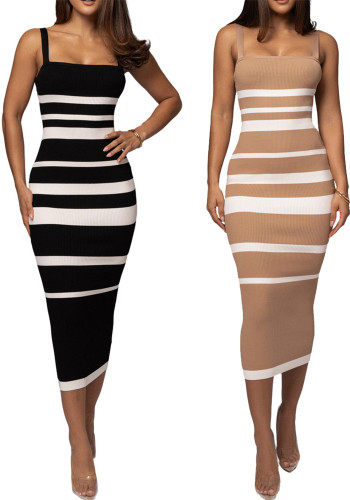 Women Sexy Striped Strap Off Shoulder Strapless Dress