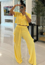 Turndown Collar short-sleeved shirt and patch pocket pants Two-piece Set