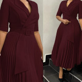 African Women Turndown Collar Lace-Up Pleated Dress