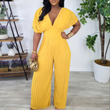 Women V-Neck Solid Sexy Pleated Jumpsuit