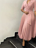 African Women Turndown Collar Lace-Up Pleated Dress