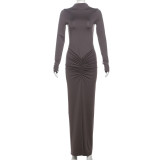 Women Sexy Solid Pleated Maxi Dress