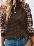 Women Diamond Check Patchwork Long Sleeve Round Neck Casual Top