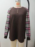 Women Diamond Check Patchwork Long Sleeve Round Neck Casual Top