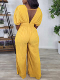 Women V-Neck Solid Sexy Pleated Jumpsuit