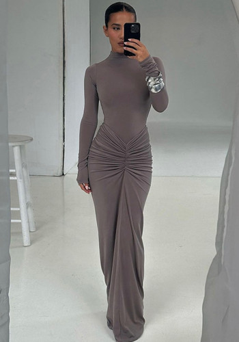 Women Sexy Solid Pleated Maxi Dress