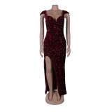 V-neck sequin slit sequin bodycon dress