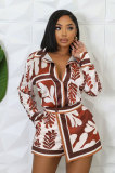 Women Casual Printed Long Sleeve Top and Shorts Two-piece Set