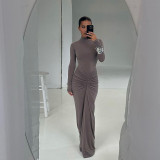 Women Sexy Solid Pleated Maxi Dress