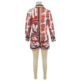 Women Casual Printed Long Sleeve Top and Shorts Two-piece Set