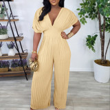 Women V-Neck Solid Sexy Pleated Jumpsuit