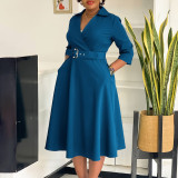 Plus Size Women Autumn Turndown Collar Solid Dress