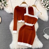 Women V-neck Contrast Knitting Jacket and Dress Set