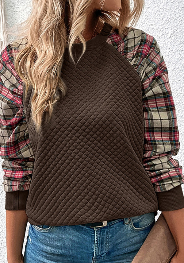 Women Diamond Check Patchwork Long Sleeve Round Neck Casual Top