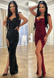 V-neck sequin slit sequin bodycon dress