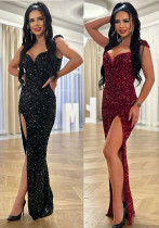 V-neck sequin slit sequin bodycon dress