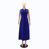 Women Turndown Collar Sleeveless Pocket Maxi Dress