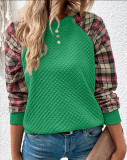 Women Diamond Check Patchwork Long Sleeve Round Neck Casual Top