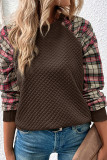 Women Diamond Check Patchwork Long Sleeve Round Neck Casual Top