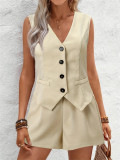 Women Elegant V-neck Button Vest and Shorts Two-piece Set