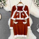 Women V-neck Contrast Knitting Jacket and Dress Set