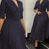 African Women Turndown Collar Lace-Up Pleated Dress