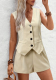 Women Elegant V-neck Button Vest and Shorts Two-piece Set