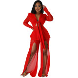 Fashionable Sexy Solid Color Long Sleeve Slim Waist Lace-Up Blazer Slit Pants Two-Piece Set