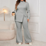 Plus Size Women long-sleeved high-neck slit top and pants two-piece set