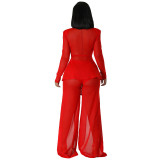 Fashionable Sexy Solid Color Long Sleeve Slim Waist Lace-Up Blazer Slit Pants Two-Piece Set