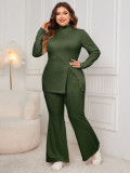 Plus Size Women long-sleeved high-neck slit top and pants two-piece set