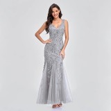 Women summer sequin v-neck evening dress