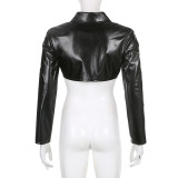 Street Fashion Pu Leather Patchwork Zipper Turndown Collar Crop Jacket