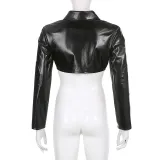 Street Fashion Pu Leather Patchwork Zipper Turndown Collar Crop Jacket
