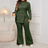 Plus Size Women long-sleeved high-neck slit top and pants two-piece set