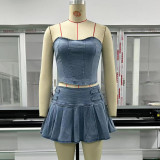 Summer Strapless Denim Suit Sexy Strapless Crop Vest High Waist Split Pleated Skirt Two Piece Set