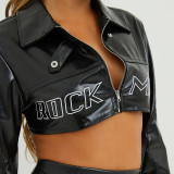 Street Fashion Pu Leather Patchwork Zipper Turndown Collar Crop Jacket